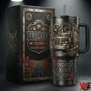 Dark themed stainless steel tumbler with truck and highway artwork!