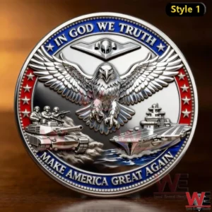A close view of a patriotic commemorative coin with an eagle centerpiece military imagery and bold national theme!