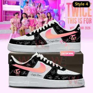 Two custom low top sneakers in white black and peach with gradient swoosh Twice logos signature accents heart doodles and custom name detail shown on a shoebox with Twice World Tour 2026 themed background!