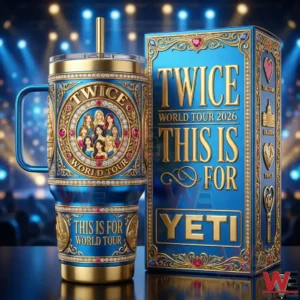 Blue and gold TWICE world tour tumbler displayed with matching decorative box!