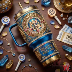 TWICE world tour tumbler lying on table with concert accessories!