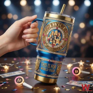 Hand holding TWICE world tour tumbler with stage lights background!