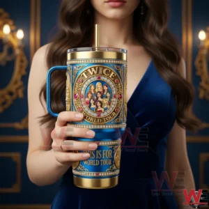 Woman holding TWICE world tour tumbler in elegant setting!