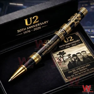Black and gold U2 anniversary pen resting inside a premium black gift box beside a matching anniversary card!