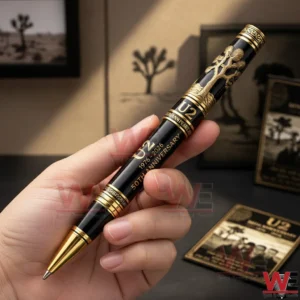 U2 Band 50th Anniversary 1976-2026 Pen 3 Hand holding a black U2 anniversary pen with gold trim and engraved 50th anniversary details in a softly lit room!