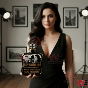 An elegant woman holding a commemorative music inspired fragrance bottle in a studio environment!