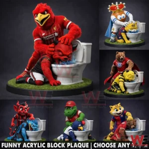 Red bird football mascot pushes a red devil mascot head into a toilet on a decorative stadium base with comic action!