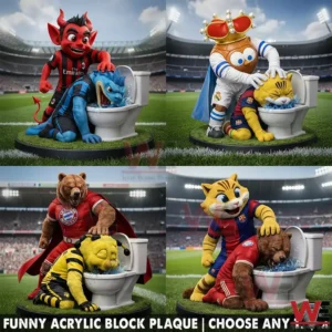 Red devil football mascot dominates a blue mascot by pushing its head into a toilet during a playful stadium scene!