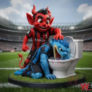 Close view of red devil mascot forcing blue mascot head into a toilet with dramatic water splash in stadium!