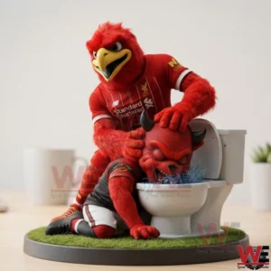 Red bird football mascot holds down a red devil mascot head into a toilet on a decorative base indoors!