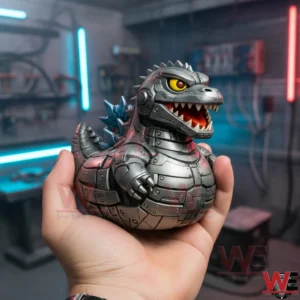 Hand holding a silver robotic monster rubber duck with yellow eyes sharp teeth and blue dorsal spikes in a neon lit workshop background!