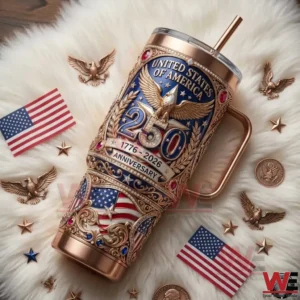 United States of America 250th anniversary tumbler with eagle emblem gold ornamentation and American flag design!