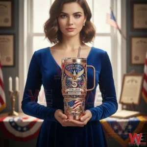 Woman holding a United States of America 250th anniversary tumbler with eagle emblem and patriotic design!