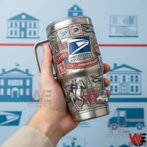 Hand holding a United States Postal Service insulated tumbler with historic mail artwork and two hundred fifty year anniversary tribute!