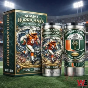 University of Miami Hurricanes insulated tumblers with commemorative box celebrating one hundred years displayed on a football field!
