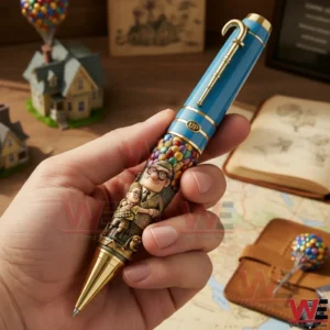 Hand holding an Up commemorative pen with adventure themed background and storytelling atmosphere!