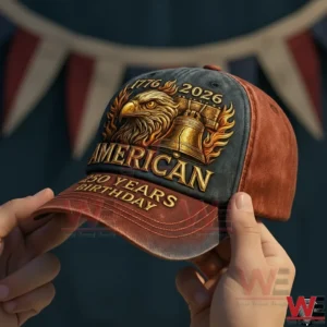 Hands holding a two tone baseball cap with embroidered bald eagle and liberty bell artwork reading Seventeen Seventy Six Two Thousand Twenty Six American and Two Hundred Fifty Years Birthday with patriotic bunting in the background.