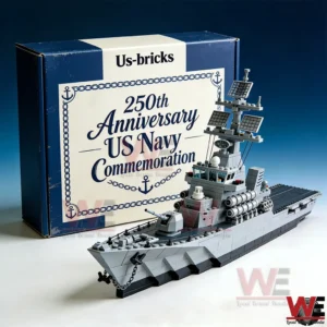 Gray brick built warship model with mast and turret details displayed in front of a Us bricks navy commemoration anniversary box on a clean studio background!