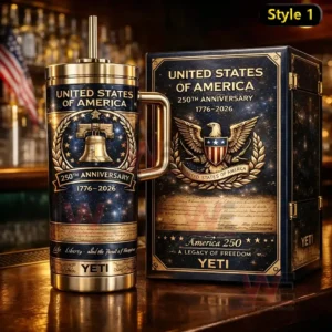 United States of America 250th anniversary tumbler with gold and navy design liberty bell emblem 1776 2026 text and matching collector box displayed on a bar counter