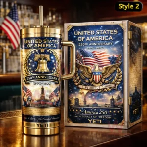 United States of America 250th anniversary tumbler with liberty bell patriotic flags 1776 2026 text and matching America 250 eagle crest collector box on a bar counter