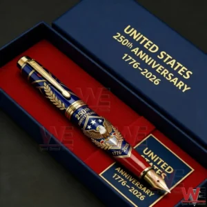 United States anniversary fountain pen with eagle emblem gold accents patriotic colors and presentation box highlighting craftsmanship!