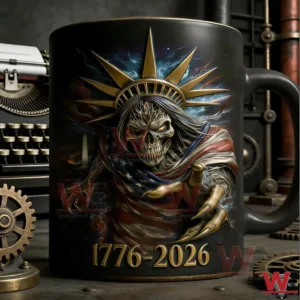 A black coffee mug with a detailed dark liberty statue skull design set in a mechanical studio environment!