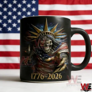 A black mug with a dramatic liberty skull illustration positioned before a United States flag!