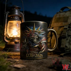 A liberty themed black mug set outdoors near a glowing lantern and a backpack in a night scene!