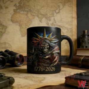A black mug with a skull liberty illustration placed on an old map table with classic exploration props!