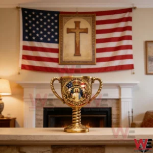 Gold patriotic chalice with religious artwork displayed in front of an American flag and cross!
