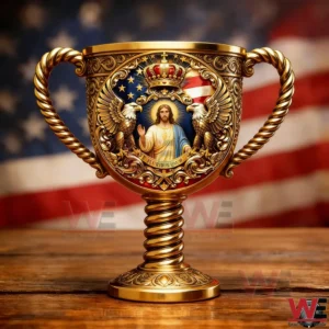 Close up of a gold chalice with religious figure and American flag design!