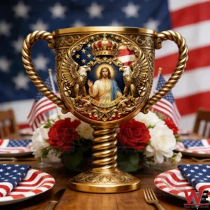 Gold religious chalice displayed on a patriotic themed dining table!