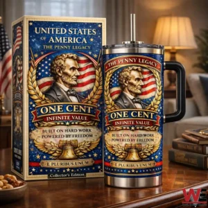 Patriotic One Cent Penny Legacy insulated tumbler with handle and straw beside a matching collector edition box featuring a Lincoln portrait and American flag design!