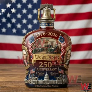 Commemorative American whiskey bottle with patriotic design Liberty Bell cap and United States flag backdrop!