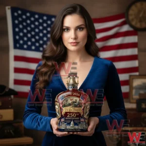 Woman holding a patriotic commemorative whiskey bottle with American flag background!