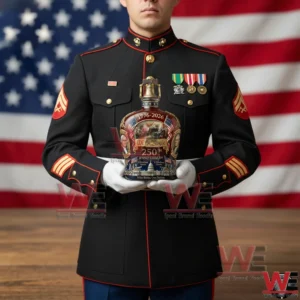 Uniformed service member holding commemorative American whiskey bottle in front of United States flag!
