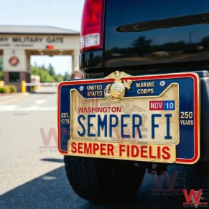 United States Marine Corps license plate design with semper fi text and a gold emblem mounted on the back of a vehicle.