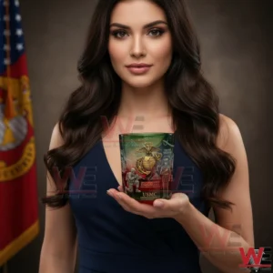 Woman holding a USMC commemorative whiskey glass with Marine Corps emblem!