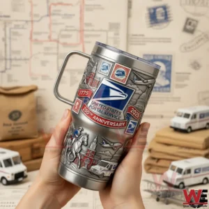Hands holding a United States Postal Service two hundred fifty anniversary tumbler with stamp artwork and postal themed background items!