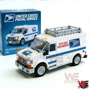 White and blue postal delivery van building block model with anniversary text displayed on a white surface in front of a blue product box!