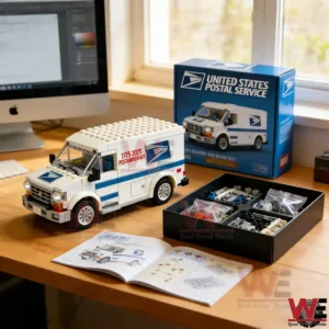 Postal delivery van building block set on a wooden desk featuring the completed van model open instructions sorted pieces and the product box in a sunlit workspace!