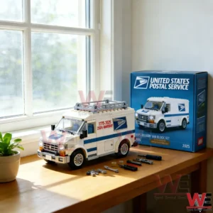White and blue postal delivery van building block model with anniversary graphics on a wooden surface by a window beside the product box with small parts and tools arranged nearby!