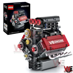 Building block V8 engine model with exposed gears and red V8 Engine panels shown next to the matching product box.