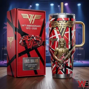 Van Halen 54th Anniversary 1972-2025 Tumbler 4 Van Halen anniversary insulated tumbler displayed with a matching themed gift box on a table!