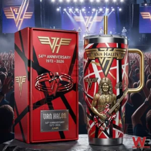 Van Halen 54th Anniversary 1972-2025 Tumbler 5 Van Halen anniversary insulated tumbler and box displayed with a concert crowd and stage lights in the background!