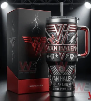 Rock themed insulated tumbler with handle and straw next to a matching box under stage lighting!