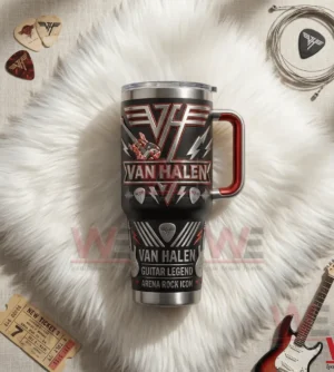 Top view of a black insulated tumbler with handle and straw featuring rock music design on a soft background!