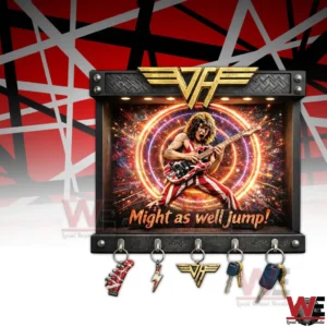 A rock themed wall key holder with guitarist artwork vivid lighting effects and several metal hooks displayed against a graphic background!