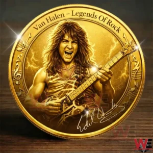 Van Halen Legends of Rock Gold Commemorative Coin 5 Gold rock music commemorative coin displayed on a wooden surface!