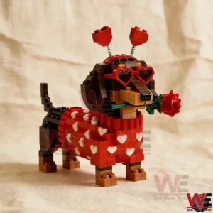 Valentines dachshund brick figure with heart outfit heart sunglasses heart antennas and a red rose standing in front of a matching product box!